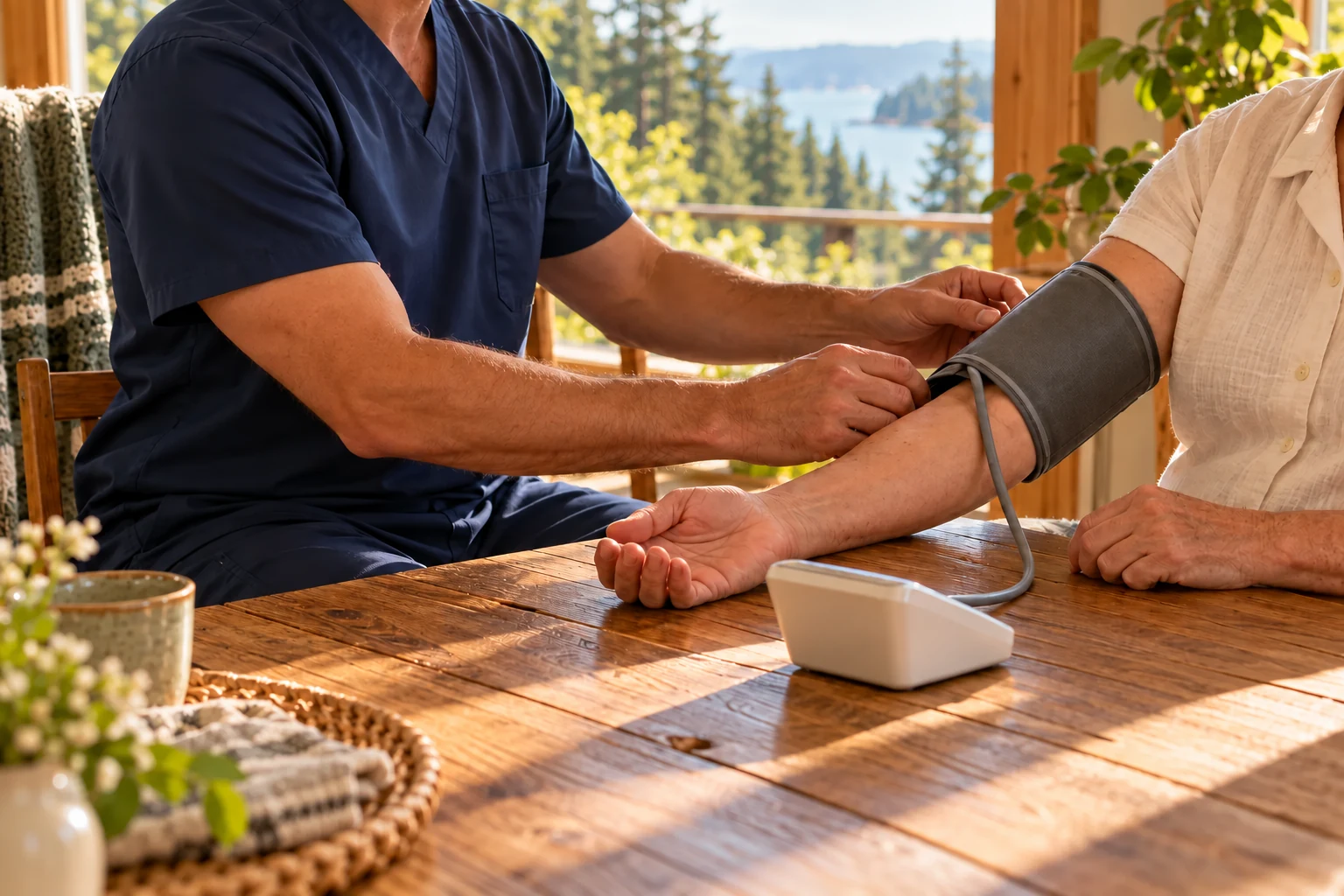 A nurse in navy scrubs fitting a blood-pressure cuff during a home visit, with both faces outside the frame.